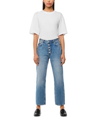 Hollie Button-Fly High Rise Cropped Straight Jeans in Denim