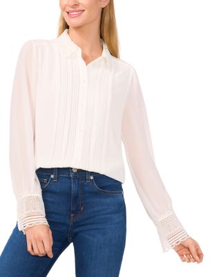 CeCe Lace Collar Long Sleeved Pintucked Blouse