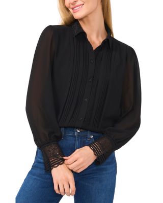 CeCe Lace Collar Long Sleeved Pintucked Blouse