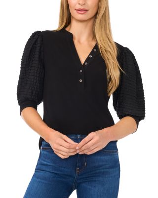 CeCe - Puff Sleeve Mixed Media Top