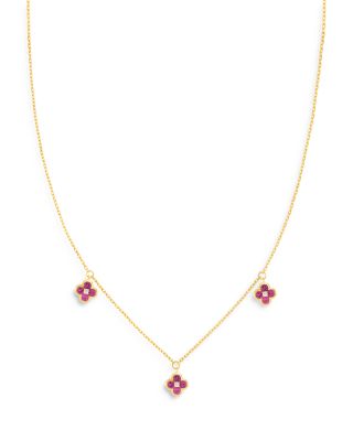 Pink Sapphire & Diamond Bezel Clover Station Necklace in 14K Yellow Gold, 17"