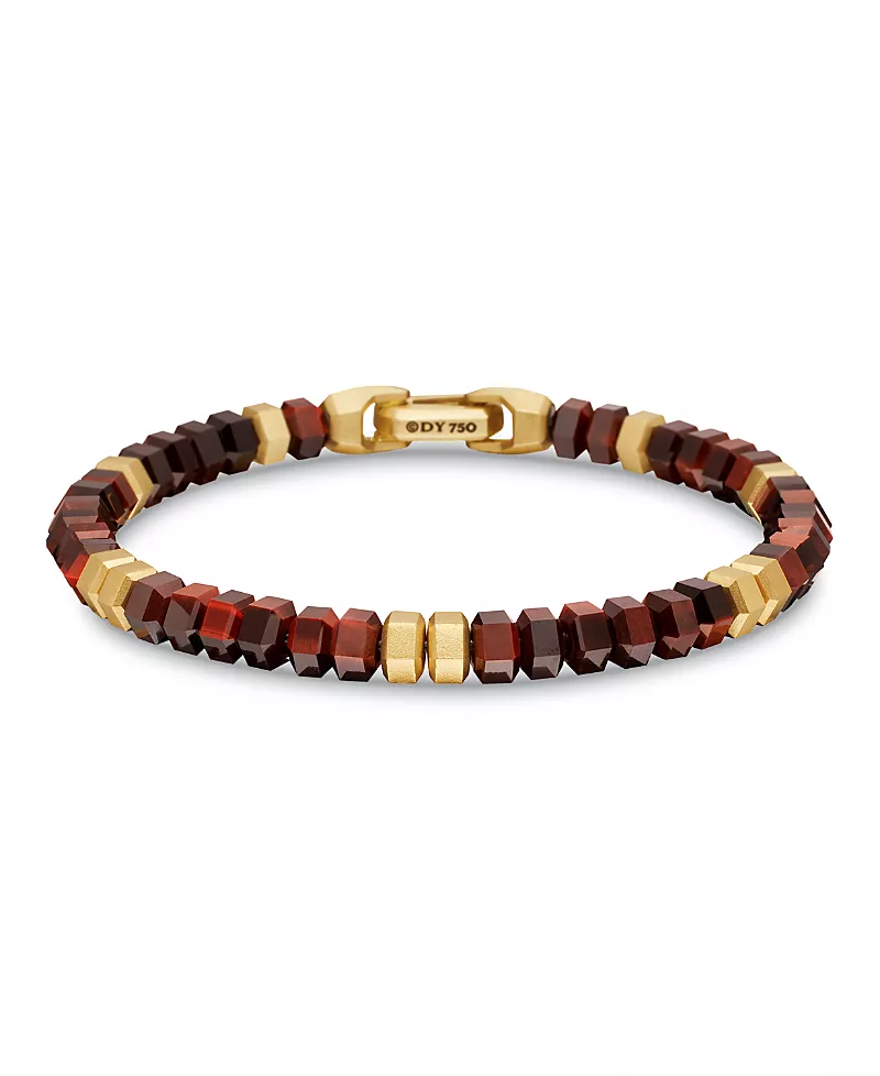David Yurman Men's 18K Yellow Gold Spiritual Beads Red Tigers Eye Bead Bracelet