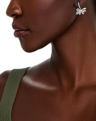 Diamond Round & Baguette Bow Drop Earrings in 14K White Gold, 1.00 tcw