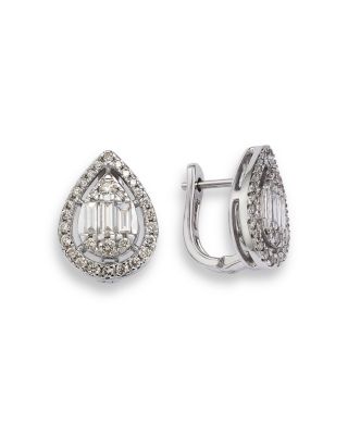 Diamond Round & Baguette Halo Stud Earrings in 14K White Gold, 1.00 tcw