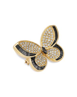 Black & White Diamond Pavé Butterfly Brooch in 14K Yellow Gold, 1.00 tcw 