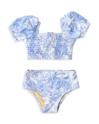 Shade Critters - Girls' Tropical Blues Smocked Puff Sleeve Two Piece Swimsuit - Little Kid, Big Kid