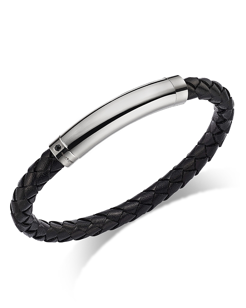 Bloomingdale's Fine Collection Men's Blue Sapphire Black Woven Leather Bracelet In Sterling Silver In Black/silver