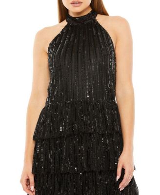 High Neck A-Line Ruffle Sequin Mini Dress