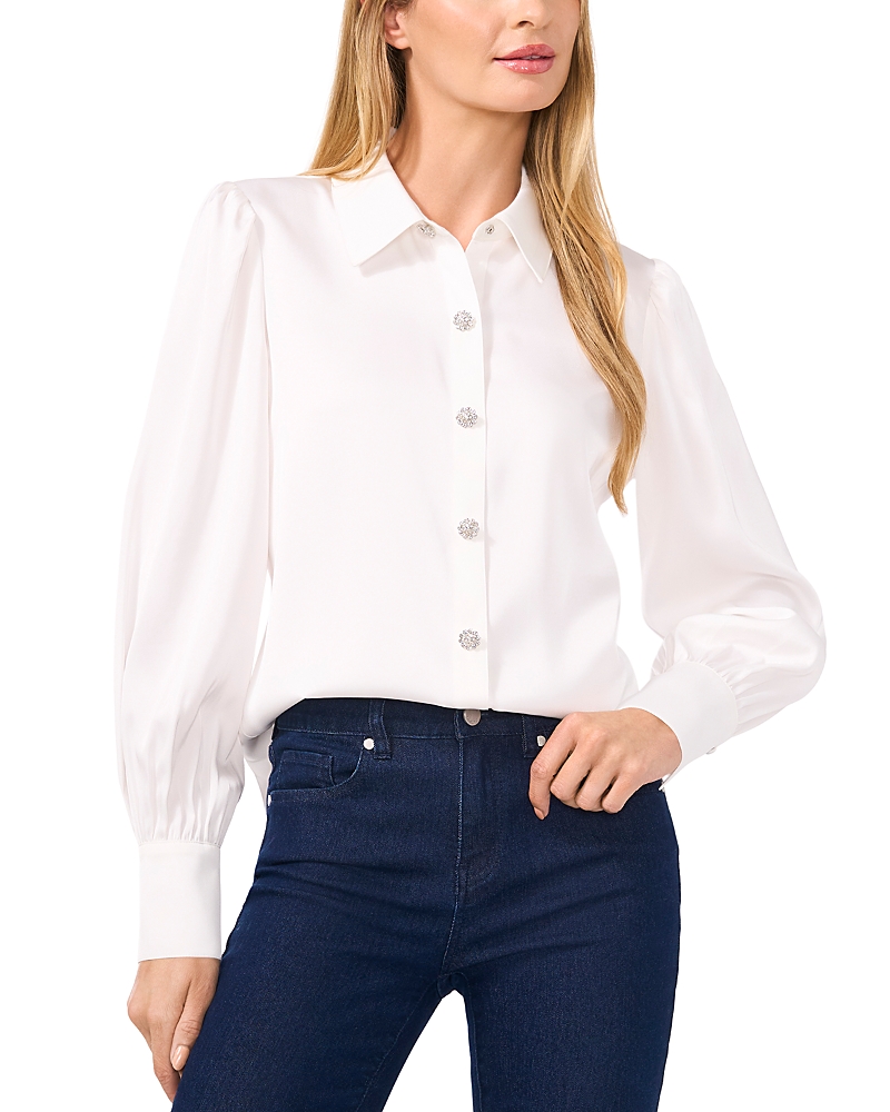 Cece Womens Satin Rhinestone Button-down Top In New Ivory