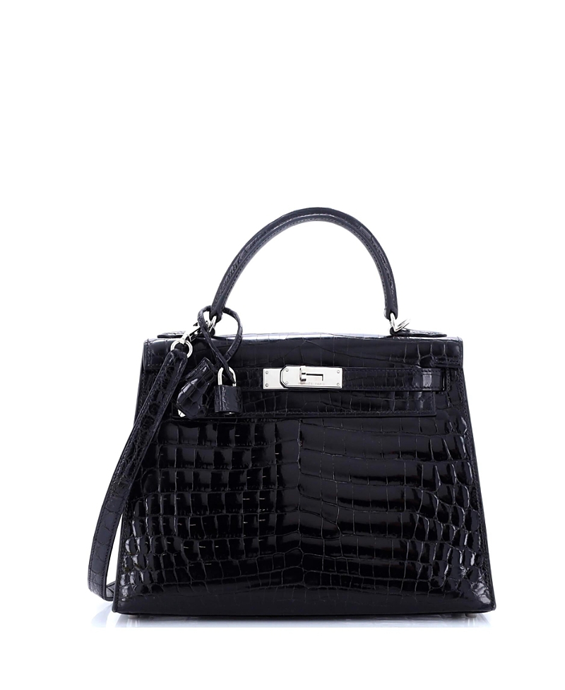 Pre-Owned Hermes Kelly 28 Handbag Black Shiny Niloticus Crocodile with Palladium Hardware