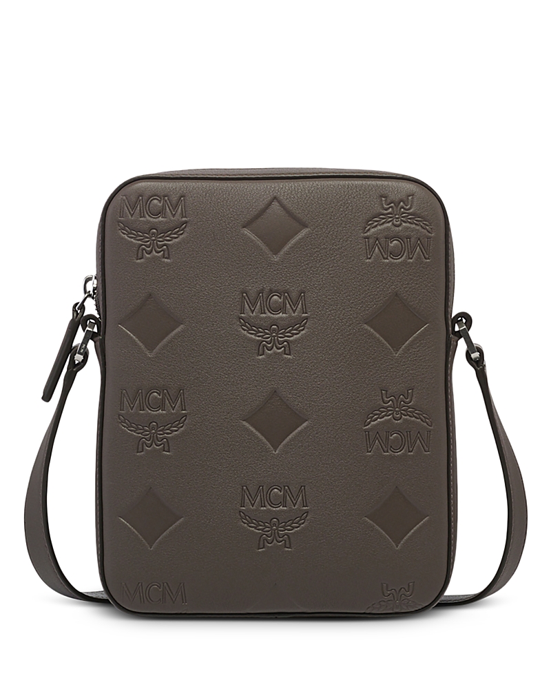 Mcm Klassik Mini Maxi Monogram Embossed Leather Crossbody Bag In Morel Grey