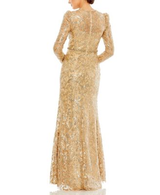  Embellished High Neck Long Sleeve Gown