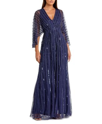 Mac Duggal Beaded Striping Kimono Sleeve V Neck Gown | Bloomingdale's