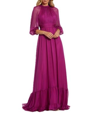 Chiffon Ruched Illusion Raglan Sleeve Ruffled Gown