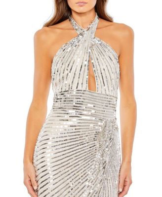 Embellished Keyhole Halter Strap Draped Gown
