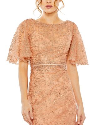 Embellished Neck Butterfly Sleeve Trumpet Gown