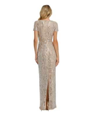  High Neck Half Puff Sleeve Embellished Gown