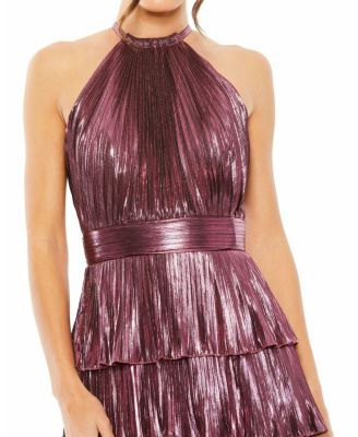  High Neck Heat Pleated Tiered Ruffle Metallic Gown