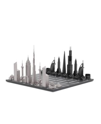 Skyline Chess - Chess Set Stainless Steel WORLD ICONS with Wooden Grid Board - Age 14+ Years