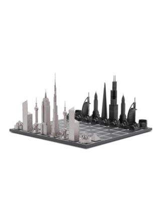 Skyline Chess Chess Set Stainless Steel WORLD ICONS with Wooden Grid Board | Bloomingdale's