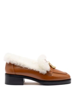 Larroudé - Women's Bobbie Shearling Trim Brown Block Heel Loafers
