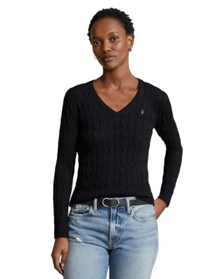 Women's Cable Knit Cotton V Neck Sweater
