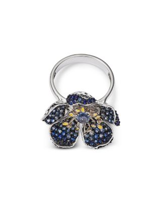 Blue Sapphire (2.88 tcw) & Diamond (0.05 tcw) Flower Ring in 14K Yellow & White Gold