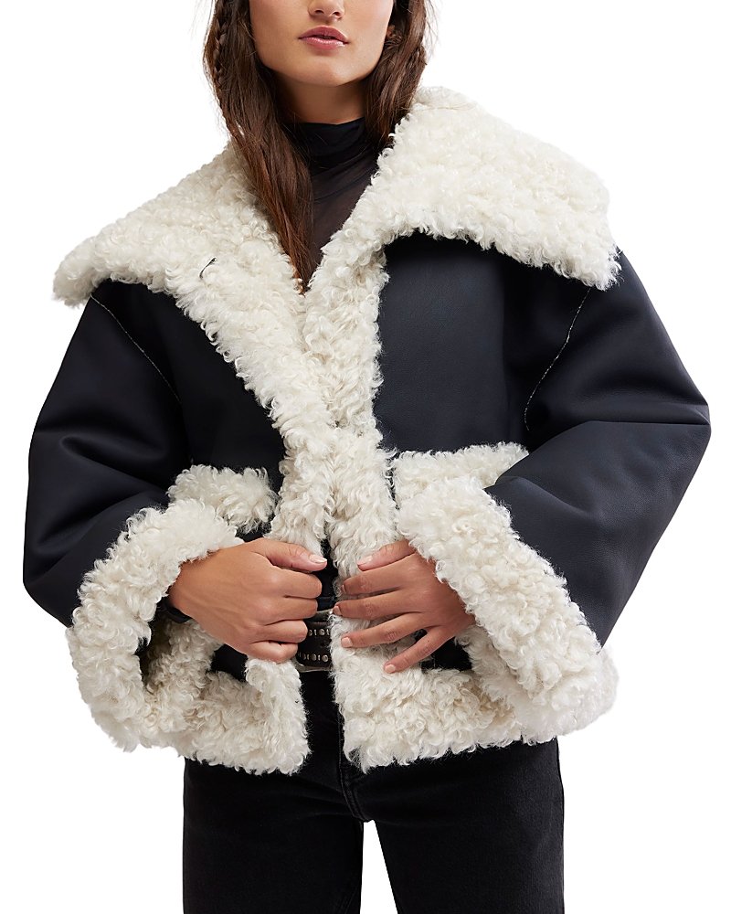 Free People Kiki Faux Leather Jacket With High Pile Fleece Trim In Black Combo