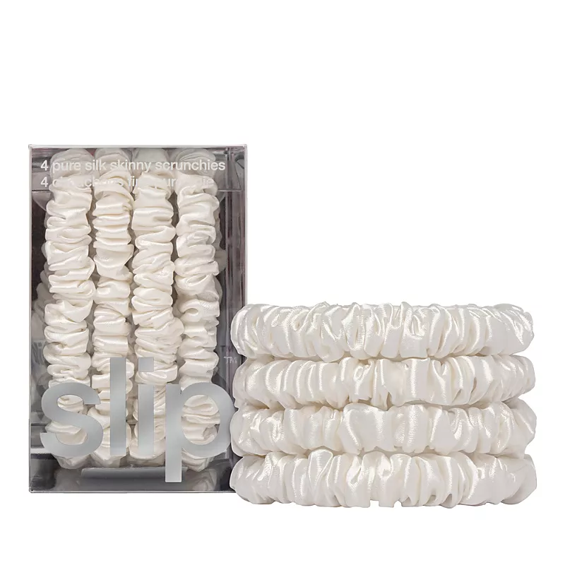 slip Pure Silk Back to Basics Skinny Scrunchies in White, Set of 4