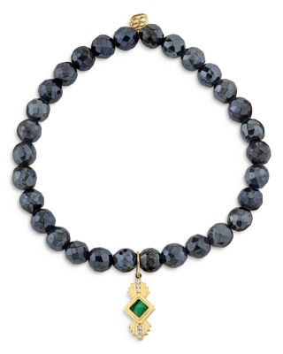 Wicked x Sydney Evan 14K Yellow Gold Malachite & Diamond Art Deco Charm Stretch Bracelet