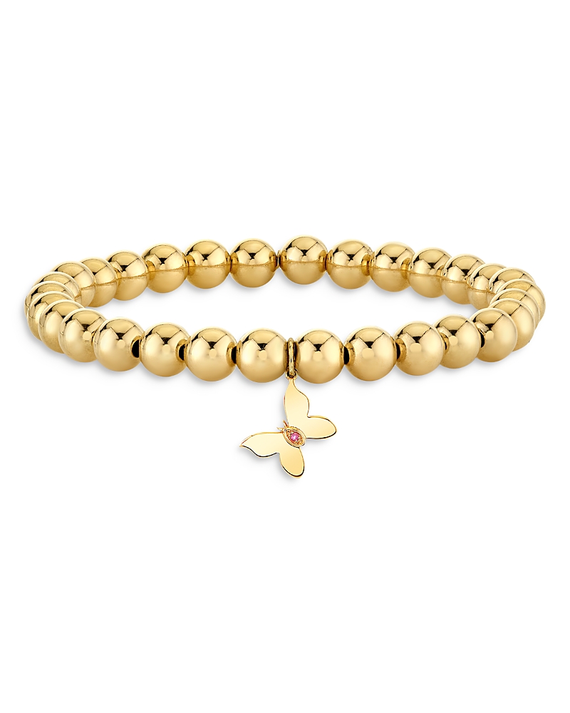 Sydney Evan 14K Yellow Gold Wicked Glinda Pink Sapphire Marquise Eye Butterfly Charm Beaded Bracelet