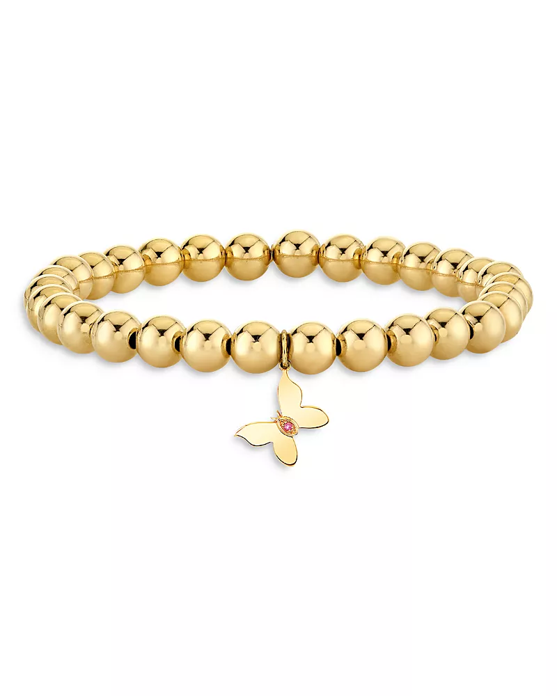 Sydney Evan 14K Yellow Gold Wicked Glinda Pink Sapphire Marquise Eye Butterfly Charm Beaded Bracelet