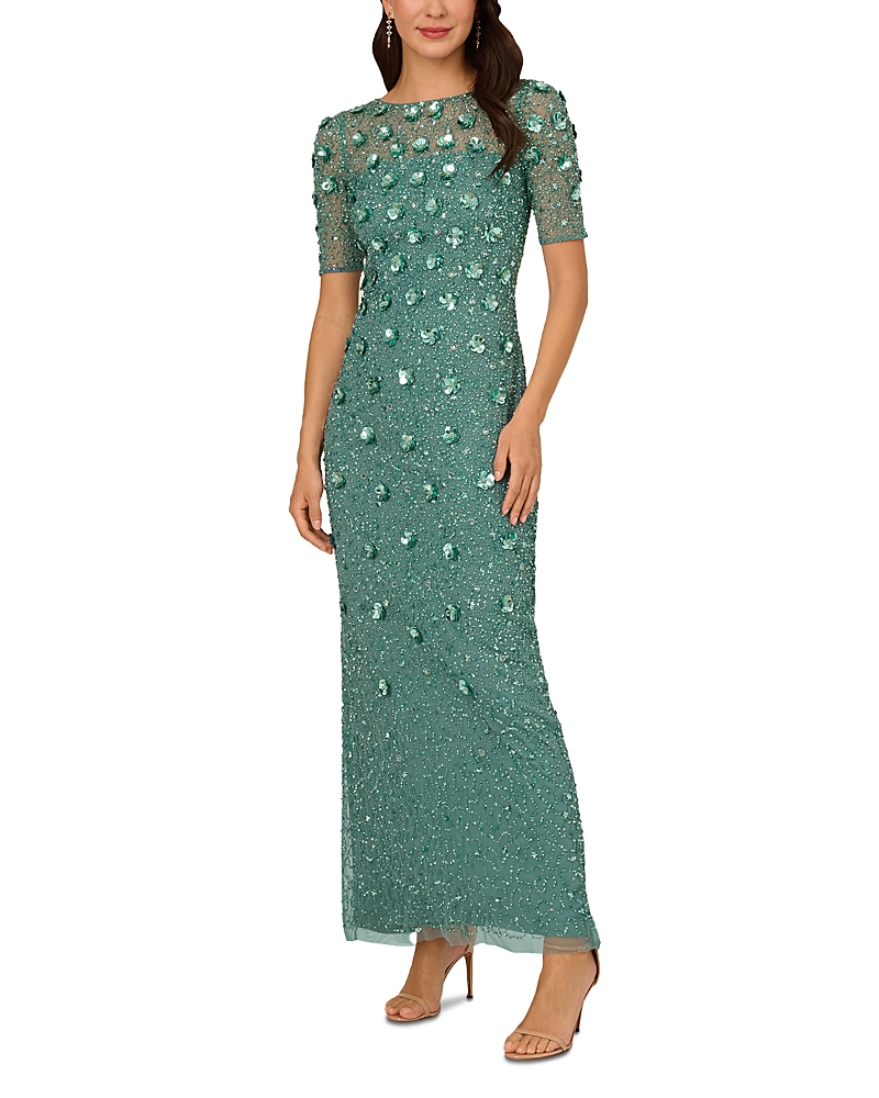 ADRIANNA PAPELL BEADED 3D FLORAL GOWN