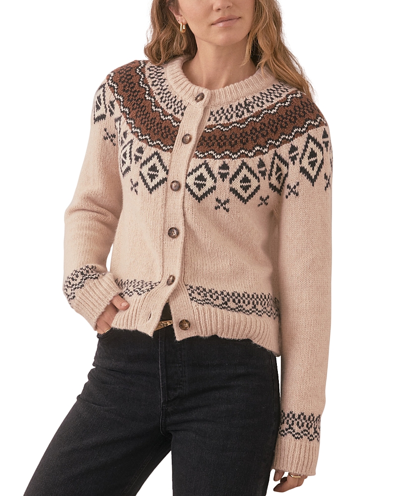 Shop Marine Layer Ava Crewneck Fair Isle Cardigan Sweater In Oatmeal