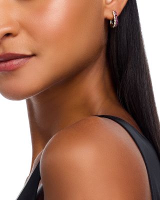 Ruby & Diamond Huggie Hoop Earrings in 14K Yellow Gold