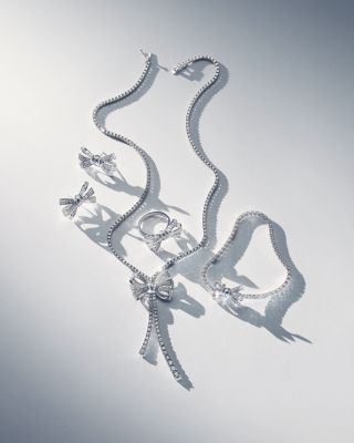 Diamond Bow Lariat Tennis Necklace in 14K White Gold, 10.00 tcw