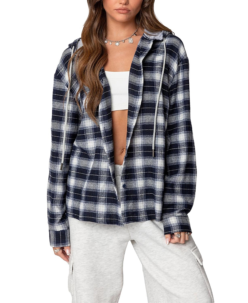 EDIKTED PLAID HOODED BUTTON UP SHIRT