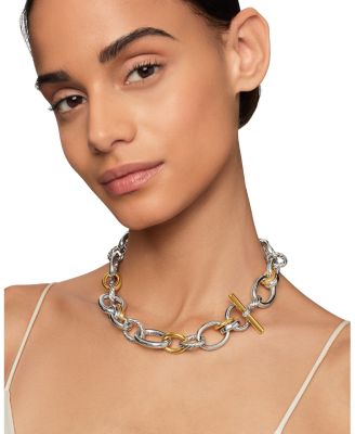 DY Mercer Chain Necklace in Sterling Silver with 18K Yellow Gold and Diamonds, 25mm