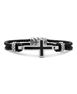 David Yurman - Men's Exotic Stone Cross Bracelet in Black Leather with Sterling Silver and Black Onyx, 3mm