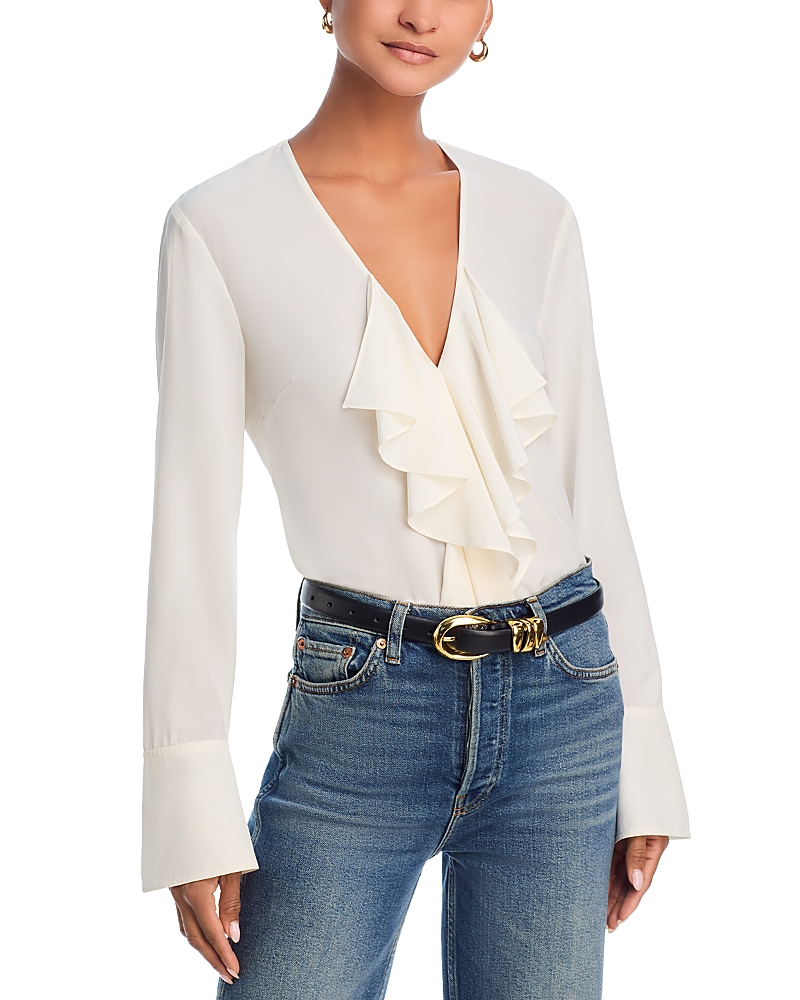 Frame Ruffle Front Long Sleeve Silk Top In Cream