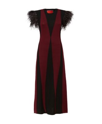 Harlequin Sleeveless Dress in Bordeux/Nero Bordeaux with feathers