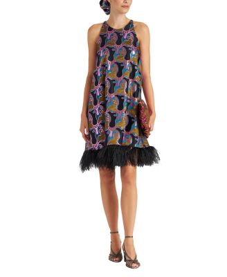 La DoubleJ - La Fenice Mini Dress in Spritz Blue Petro with Feathers