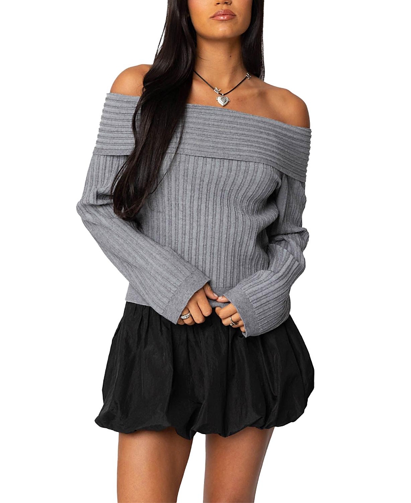 Shop Edikted Brandy Fold Over Ribbed Sweater In Dark Gray