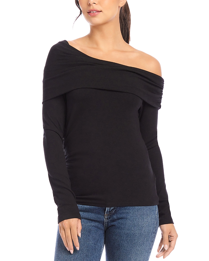 Fifteen Twenty Asymmetric One-shoulder Stretch Cotton Blend Long Sleeve Top In Black