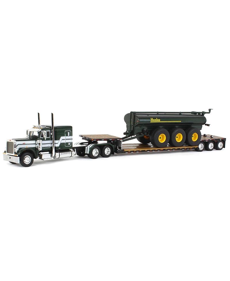 First Gear Dcp 1/64 Metallic Green Husky Peterbilt W/ Fontaine Renegade Lowboy & Husky Manure Spreader 60-1589