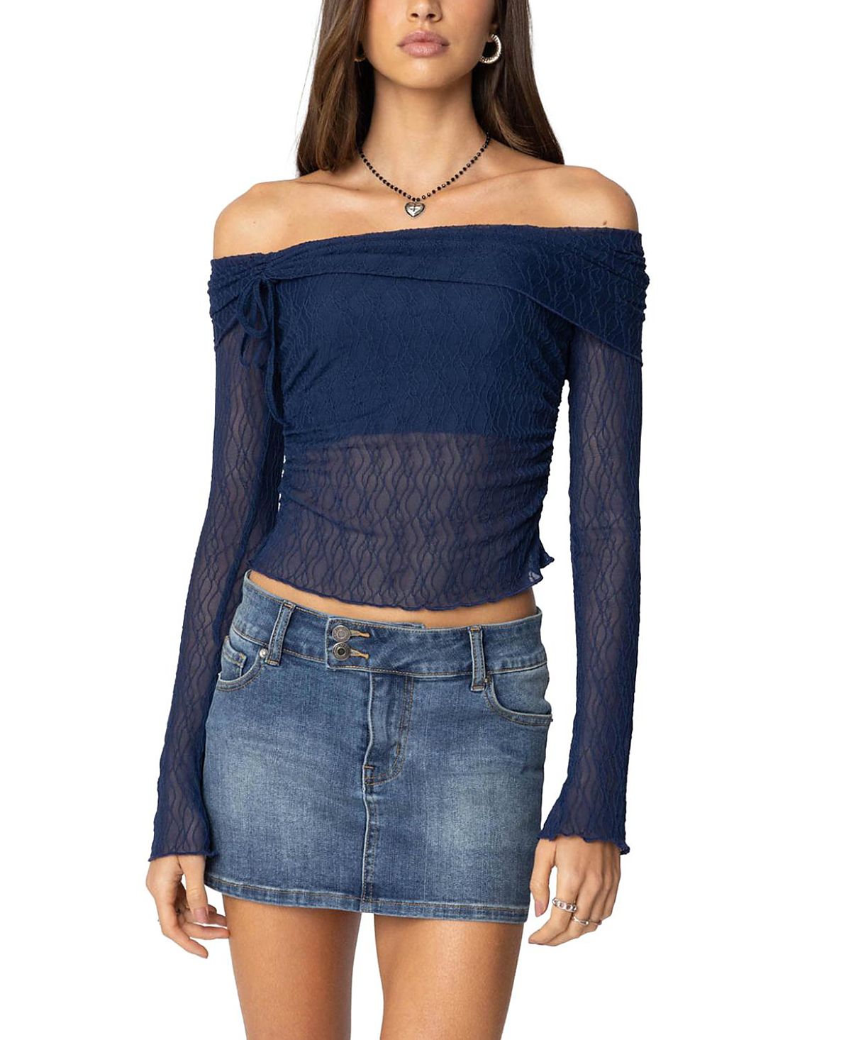 Edikted Drawstring Fold Over Sheer Top