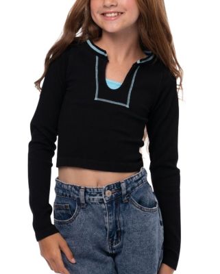  Girls' Long sleeve Ribbed Seamless Top with Contrast Stitching - Big Kid