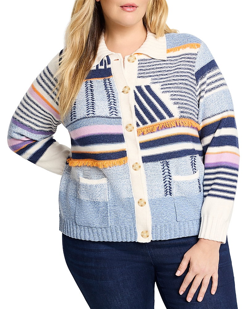 Nic+zoe Plus Pattern Play Button Front Cardigan In Indigo Multi