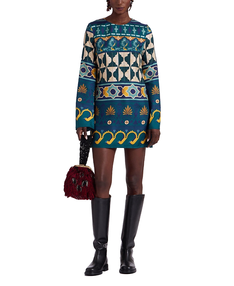 La Doublej Geometric Print Flared Sleeved Minidress In Casareale Placee Emerald