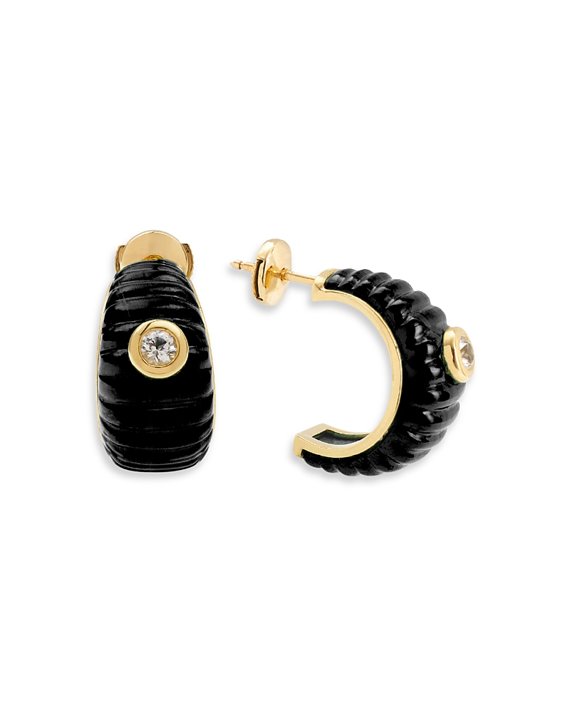 Yvonne Léon 9k Yellow Gold Paire De Creoles Berlingot Onyx & White Topaz Hoop Earrings In Black/gold